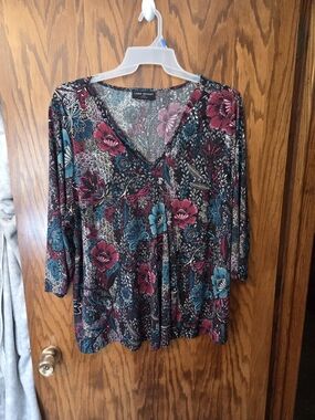 Lane Bryant Black Floral V-Neck Top with Pink & Teal Accents